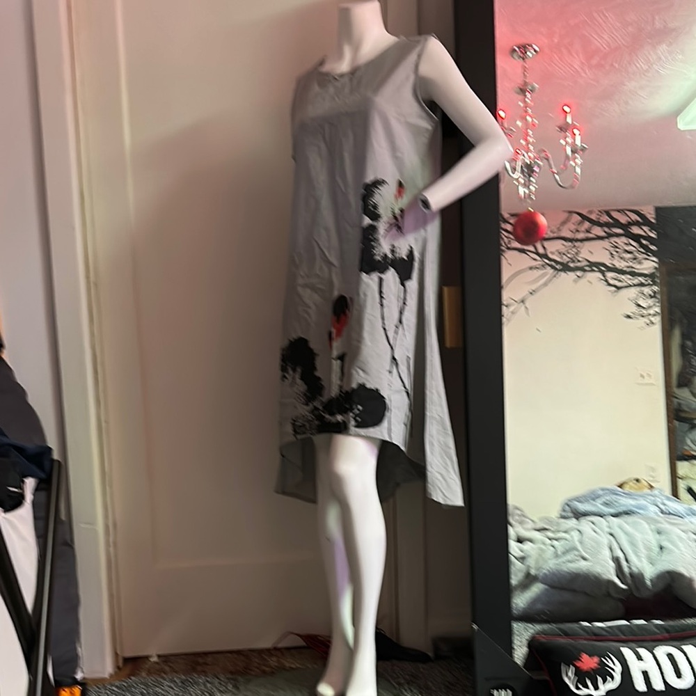 New Gray Sleeveless Dress high low asymmetrical Artistic Print linen cotton knee